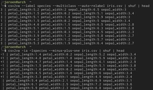 A screenshot of csv2vw applied to the Iris dataset